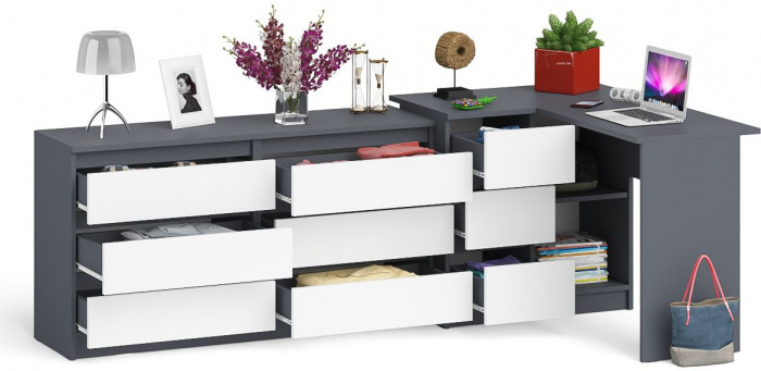 Мори Стол компьютерный МС-16 левый + Комод МК1380.6, цвет графит/белый, ШхГхВ 262,4х84,9х76,6 см., выдвижные ящики слева, НЕ универсальная сборка