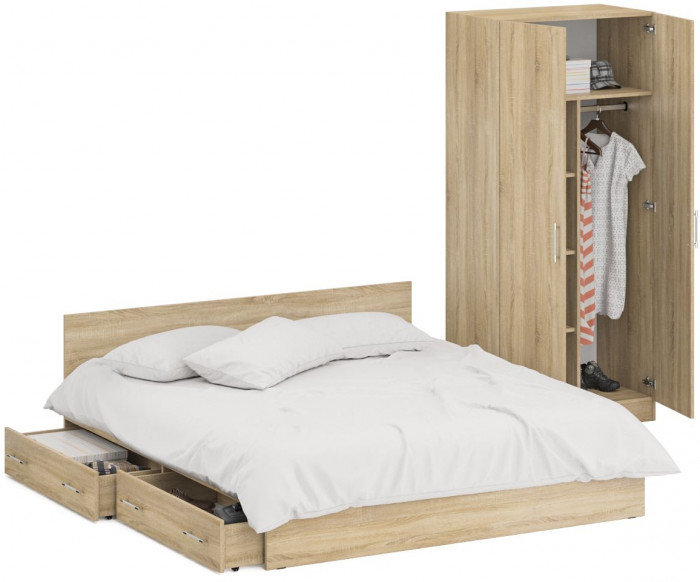 Кровать с ящиками 1800 + Шкаф 2-х створчатый Стандарт, цвет дуб сонома, ШхГхВ 183,5х203,5х70 + 90х52х200 см., сп.м. 1800х2000 мм., б/м, основание есть