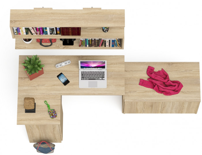 Мори Стол компьютерный МС-16 левый + Тумба МА900.1 + Полка 1200, цвет дуб сонома, ШхГхВ 214,8х84,9х209,6 см., НЕ универсальная сборка