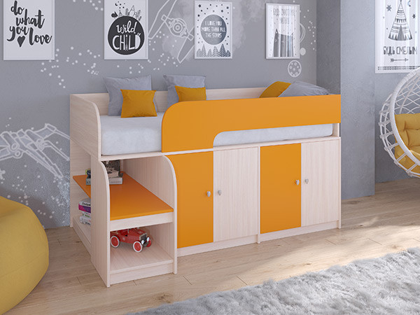 Кровать чердак Астра 9 V2 Дуб молочный/Оранжевый