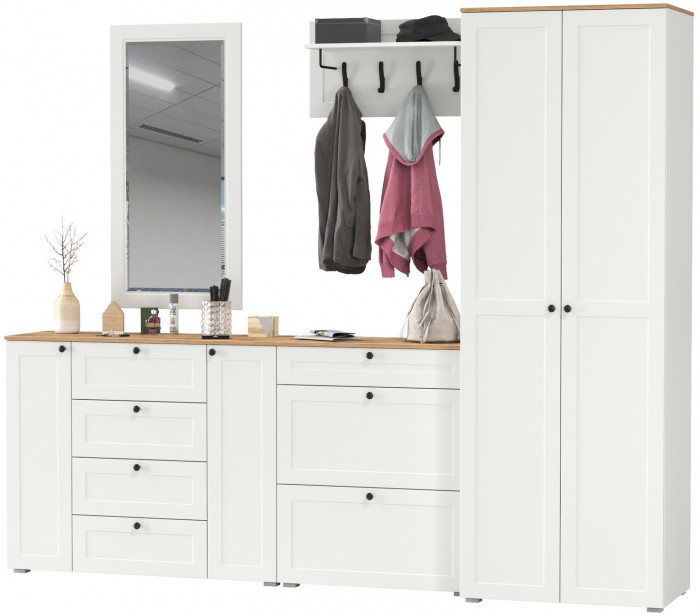 Остин Прихожая 59, цвет белый шагрень/дуб крафт золотой, ШхГхВ 280х54,3х229,6 см., универсальная сборка