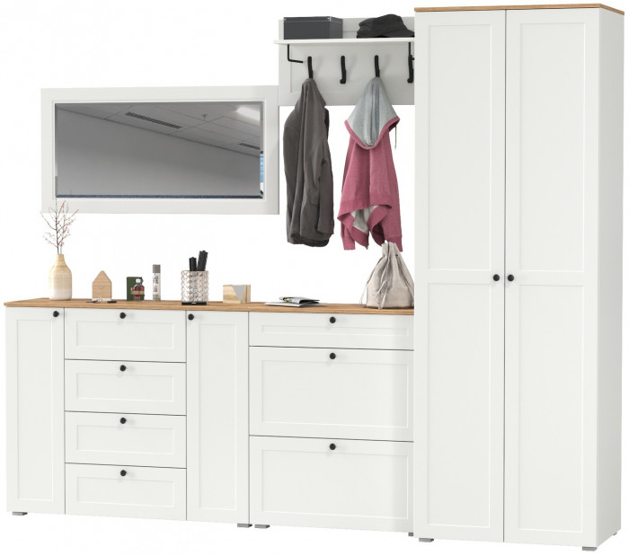 Остин Прихожая 59, цвет белый шагрень/дуб крафт золотой, ШхГхВ 280х54,3х229,6 см., универсальная сборка