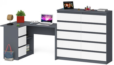 Мори компьютерный стол МС-16 левый + Комод МК1200.10, графит/белый