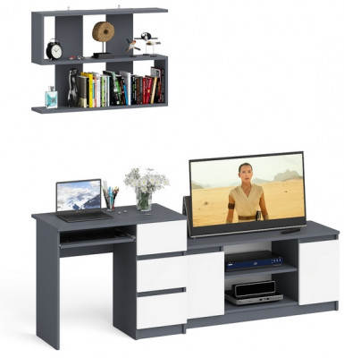 Мори компьютерный стол МС-6 правый + Тумба МТВ1200.1 + Полка 900, графит/белый