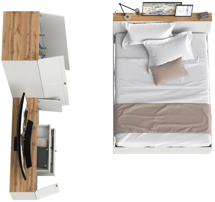 Остин 11.53 Кровать + ортопед + 13.224 Шкаф + 16.47 Тумба под ТВ, белый шагрень/дуб крафт золотой