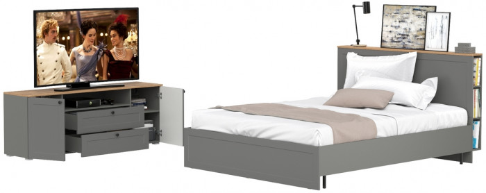 Остин 11.53 Кровать + ортопед + 16.47 Тумба под ТВ, серый графит/дуб крафт золотой