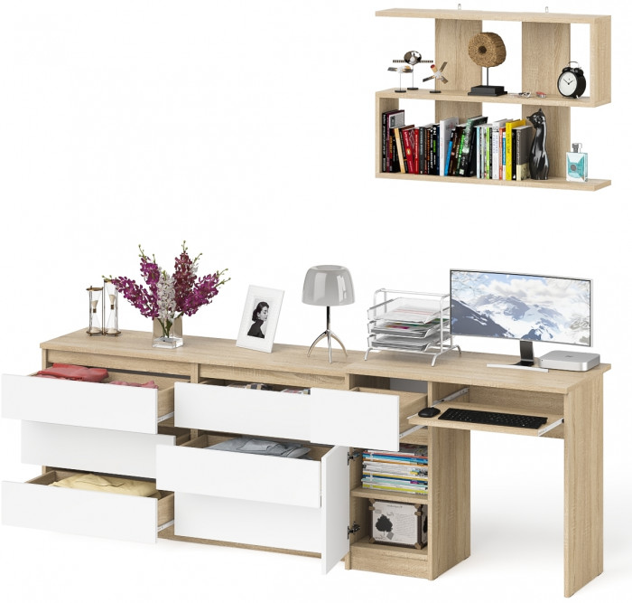 Мори Стол компьютерный МС-1 левый + Комод МК1380.6 + Полка 900, цвет дуб сонома/белый, ШхГхВ 228х50х209,6 см., НЕ универсальная сборка