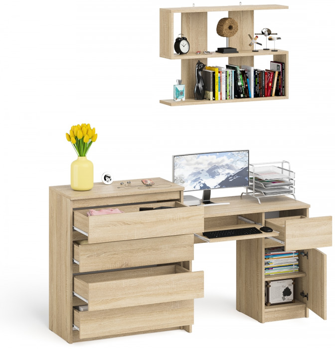 Мори Стол компьютерный МС-1 правый + Комод МК800.4 + Полка 900, цвет дуб сонома, ШхГхВ 170,4х50х209,6 см., НЕ универсальная сборка