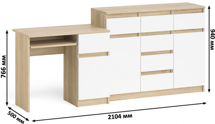 Мори компьютерный стол МС-1 правый + Комод МК1200.4, дуб сонома/белый