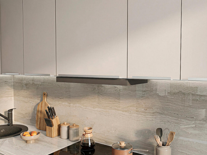Кухонный гарнитур Фьюжн-08, МДФ, 340 см, Белый/Глиняный шелк (Песчаный камень глянец)