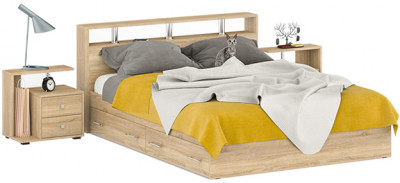 Камелия Кровать с ящиками 1600 + две тумбы, цвет дуб сонома, ШхГхВ 276х217х78,2 см., сп.м. 1600х2000 мм., без матраса, основание есть