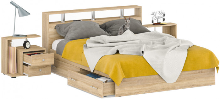 Камелия Кровать с ящиками 1600 + две тумбы, цвет дуб сонома, ШхГхВ 276х217х78,2 см., сп.м. 1600х2000 мм., без матраса, основание есть