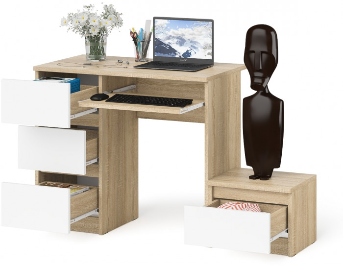 Мори Стол компьютерный МС-6 левый + Тумба ТМП400.1, цвет дуб сонома/белый, ШхГхВ 130,4х50х76,6 см., выдвижные ящики слева, НЕ универсальная сборка