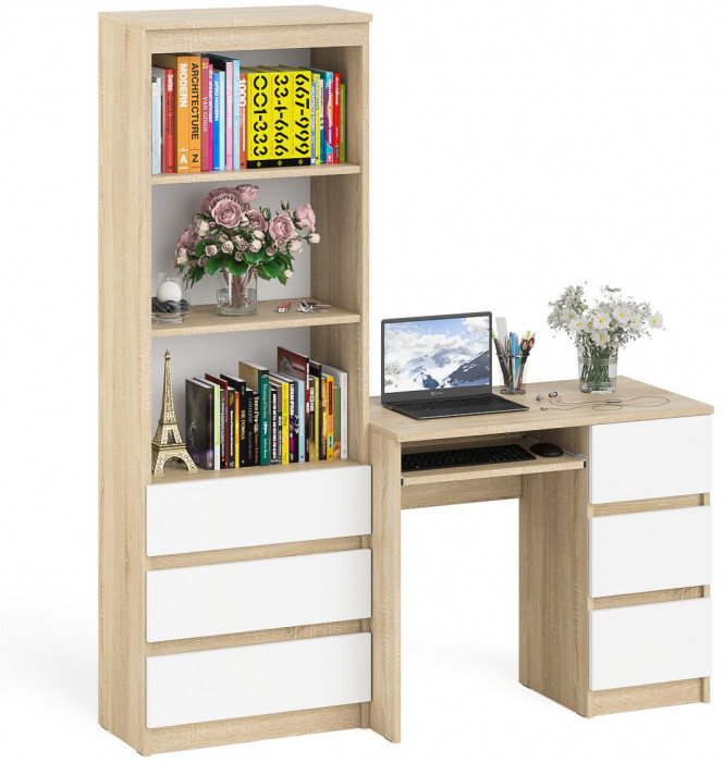 Мори Стол компьютерный МС-6 правый + Стеллаж МСТ600.3, цвет дуб сонома/белый, ШхГхВ 150,4х50х179,6 см., выдвижные ящики справа, НЕ универс. сборка