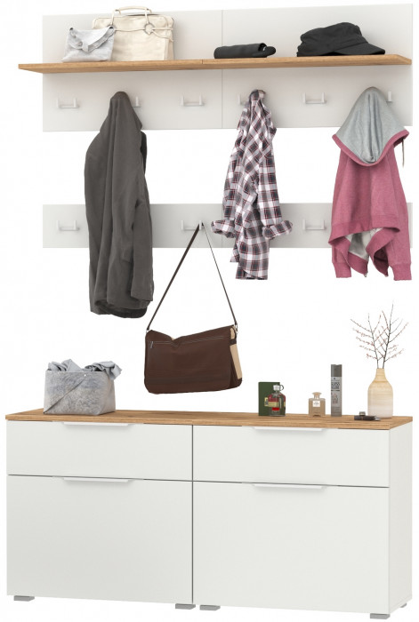 Октава Прихожая 07, цвет белый шагрень/дуб крафт золотой/фасады МДФ белый шагрень, ШхГхВ 129,8х35,4х197 см.