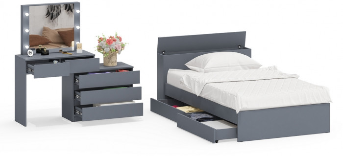 Ксения Кровать с ящиками 1200 + Стол косметический с подсветкой 110, графит