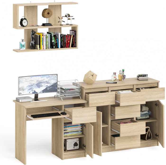 Мори компьютерный стол МС-1 правый + Комод МК1200.4 + Полка 900, дуб сонома