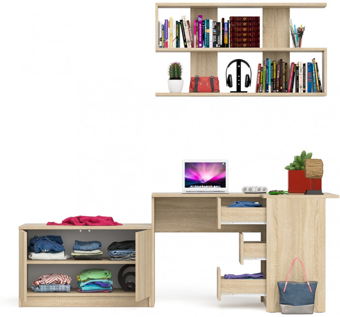 Мори компьютерный стол МС-16 правый + Тумба МА900.1 + Полка 1200, дуб сонома