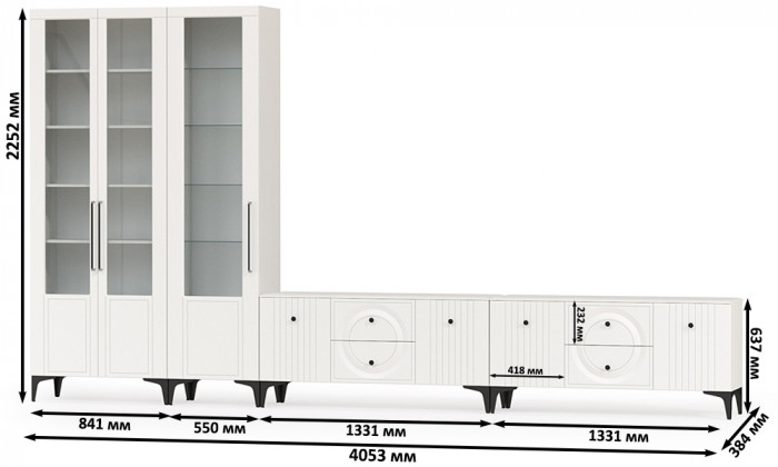 Валенсия Гостиная № 085, цвет ЛДСП белый шагрень/МДФ белый шагрень, ШхГхВ 405,3х38,3х225,2 см., универсальная сборка