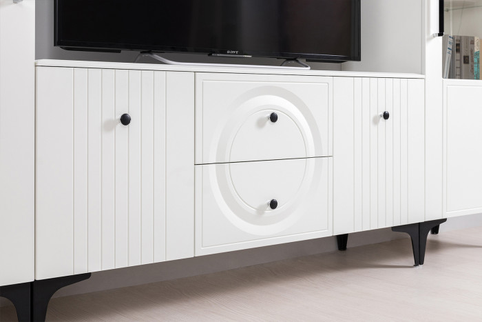 Валенсия Гостиная № 085, цвет ЛДСП белый шагрень/МДФ белый шагрень, ШхГхВ 405,3х38,3х225,2 см., универсальная сборка