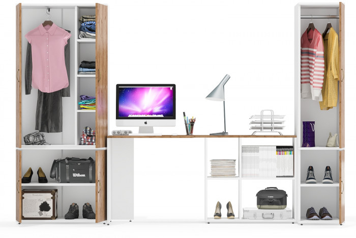 Лидер-8 Шкаф МД 20Б + Стол + Пенал 23Б, белый шагрень/крафт золото