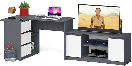 Мори компьютерный стол МС-16 левый + Тумба МТВ1200.1, графит/белый