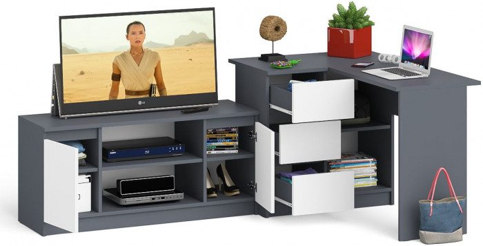 Мори компьютерный стол МС-16 левый + Тумба МТВ1200.1, графит/белый