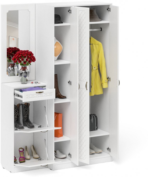 Прихожая П-6 Компоновка № 49, цвет белая шагрень/фасады МДФ белое дерево фрезеровка ромб, ШхГхВ 140х50х210 см., универсальная сборка