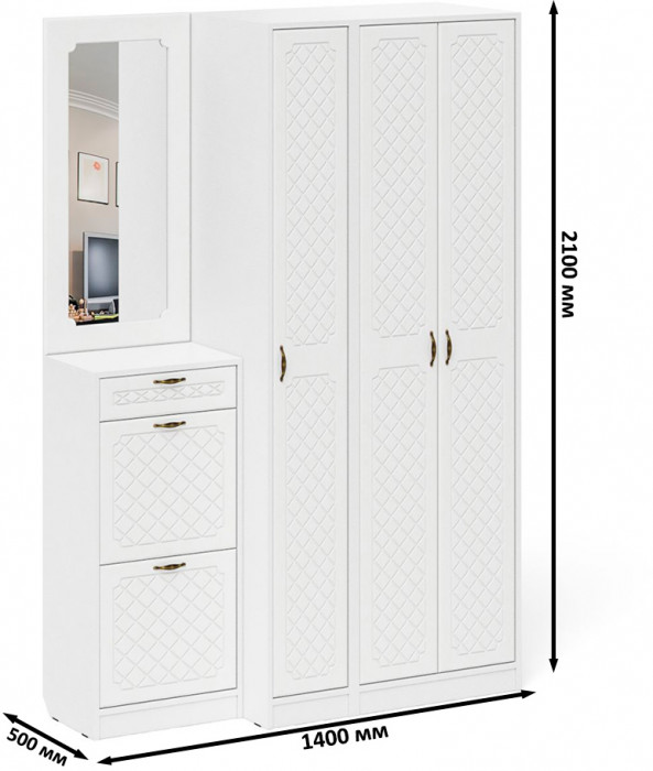 Прихожая П-6 Компоновка № 49, цвет белая шагрень/фасады МДФ белое дерево фрезеровка ромб, ШхГхВ 140х50х210 см., универсальная сборка