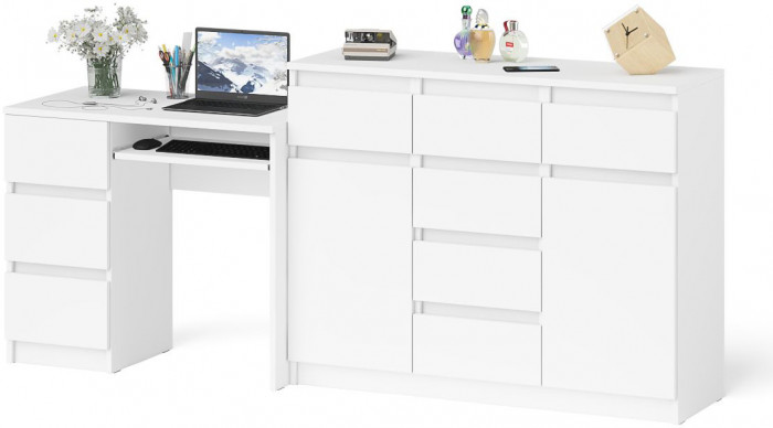 Мори Стол компьютерный МС-6 левый + Комод МК1200.4, цвет белый, ШхГхВ 210,4х50х94 см., выдвижные ящики слева, НЕ универсальная сборка