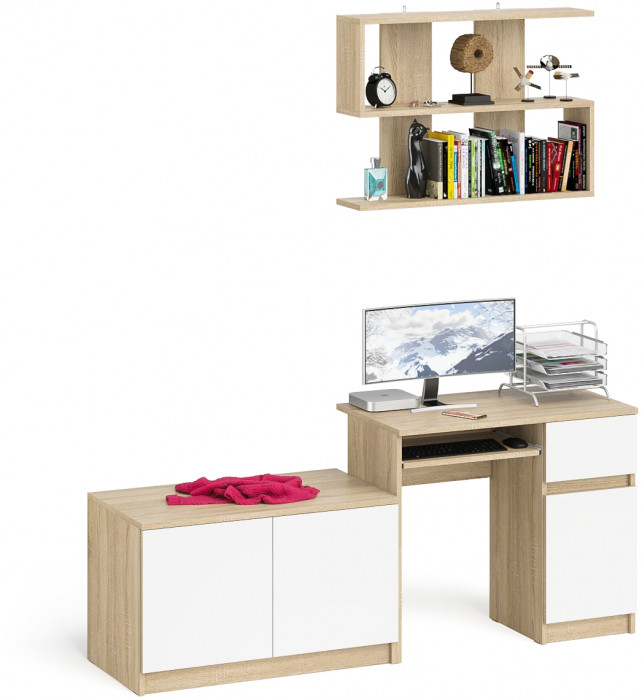 Мори компьютерный стол МС-1 правый + Тумба МА900.1 + Полка 900, дуб сонома/белый