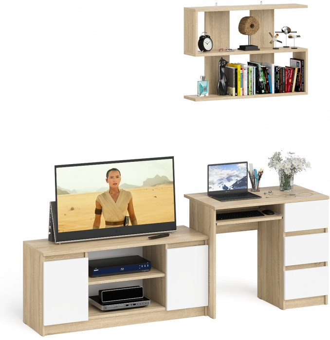 Мори компьютерный стол МС-6 правый + Тумба МТВ1200.1 + Полка 900, дуб сонома/белый