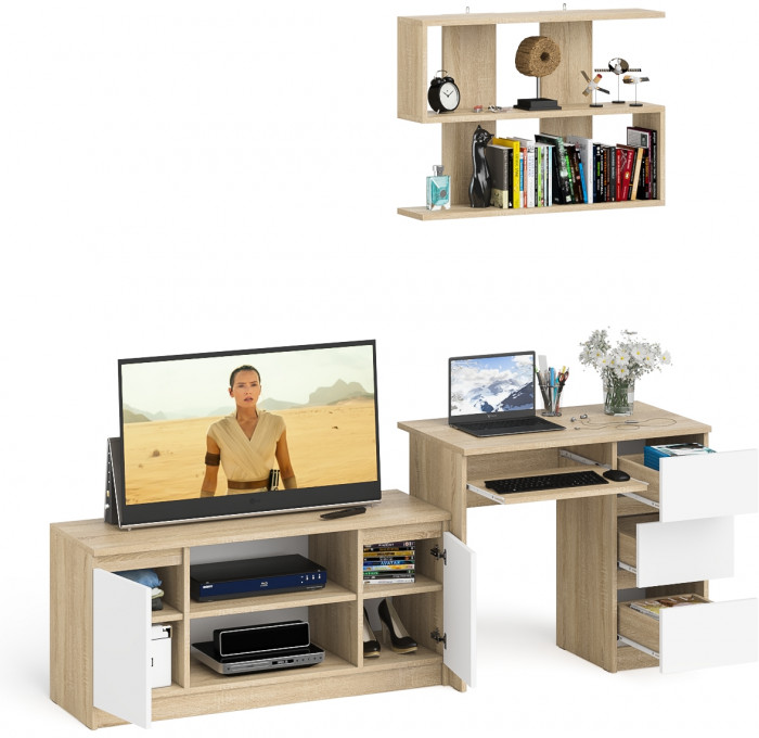 Мори компьютерный стол МС-6 правый + Тумба МТВ1200.1 + Полка 900, дуб сонома/белый