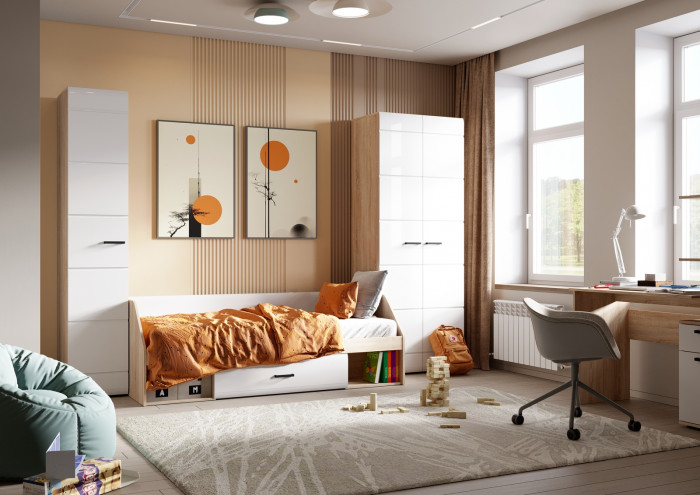 ЛИБЕРТИ ШК 01 Шкаф 400 (400х2100х500) Фасад МДФ БЕЛЫЙ ГЛЯНЕЦ/Корпус ДУБ СОНОМА