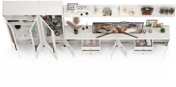 Валенсия Гостиная № 086, цвет ЛДСП белый шагрень/МДФ белый шагрень, ШхГхВ 405,3х38,3х225,2 см., универсальная сборка