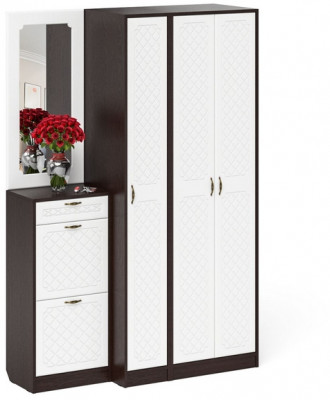 Прихожая П-6 Компоновка № 49, цвет венге/фасады МДФ белое дерево фрезеровка ромб, ШхГхВ 140х50х210 см., универсальная сборка