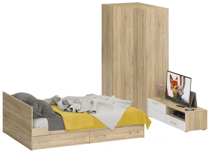 Спальня Стандарт 4-1400Я, дуб сонома/фасады ТВ тумбы МДФ белый глянец