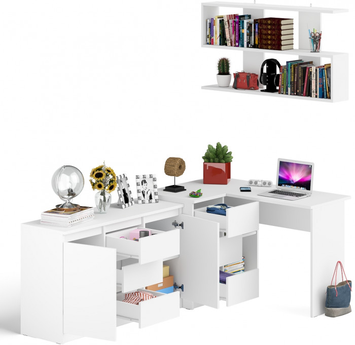 Мори компьютерный стол МС-16 левый + Комод МК1200.3 + Полка 1200, белый