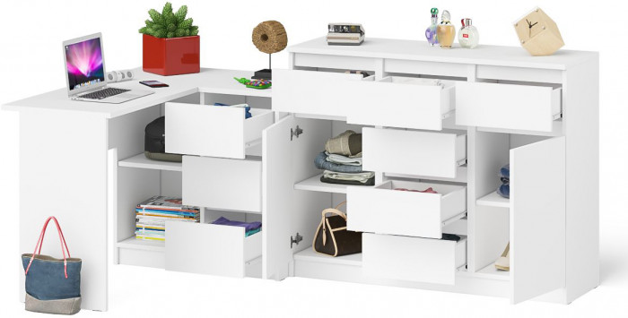 Мори компьютерный стол МС-16 правый + Комод МК1200.4, белый