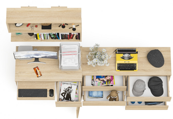 Мори компьютерный стол МС-1 правый + Комод МК1200.6 + Полка 900, дуб сонома