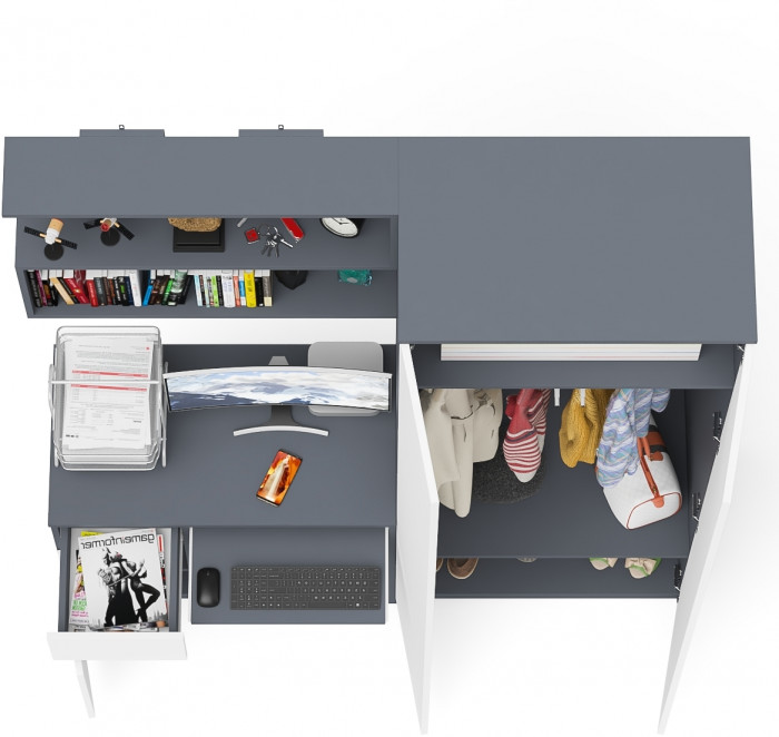 Мори Стол компьютерный МС-1 левый + Шкаф МШ800.1 + Полка 900, цвет графит/белый, ШхГхВ 170,4х50,4х209,6 см., НЕ универсальная сборка