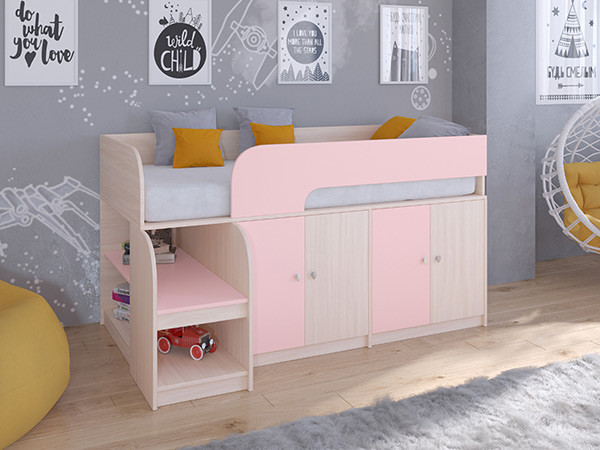 Кровать чердак Астра 9 V2 Дуб молочный/Розовый