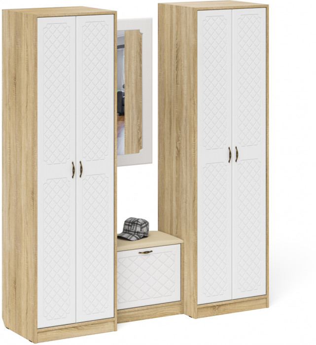 Прихожая П-6 Компоновка № 08, цвет дуб сонома/фасады МДФ белое дерево фрезеровка ромб, ШхГхВ 180х50х210 см., универсальная сборка