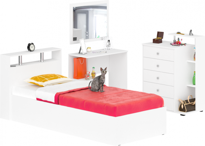 Камелия спальня № 7 Кровать 900 + Стол косметический + Зеркало + Комод, белый