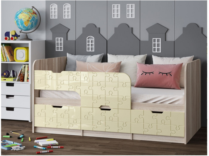 Детская кровать Юниор-9, 80х160 (Ваниль матовая, Ясень шимо светлый)