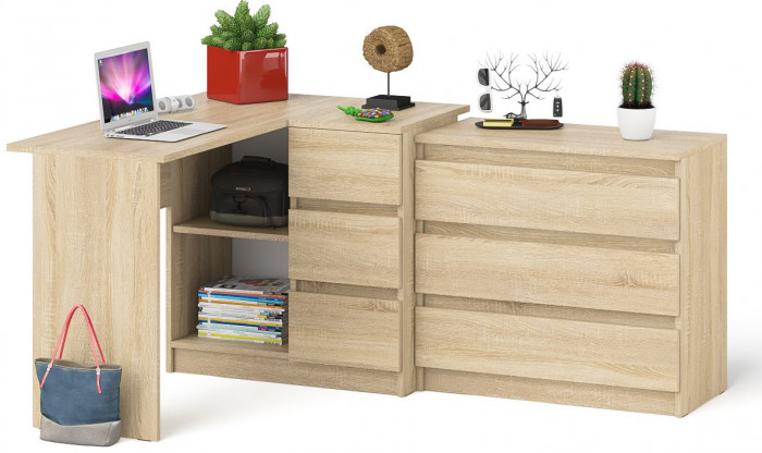 Мори Стол компьютерный МС-16 правый + Комод МК800.1, цвет дуб сонома, ШхГхВ 204,8х84,9х76,6 см., выдвижные ящики справа, НЕ универсальная сборка