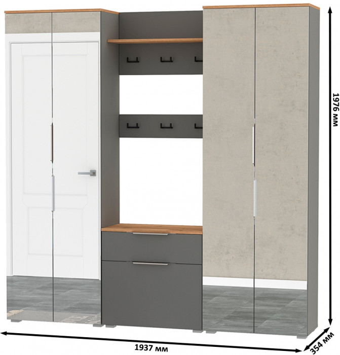 Октава Прихожая 27, цвет серый графит/дуб крафт золотой/фасады МДФ серый графит, ШхГхВ 193,7х35,4х197,6 см., универсальная сборка