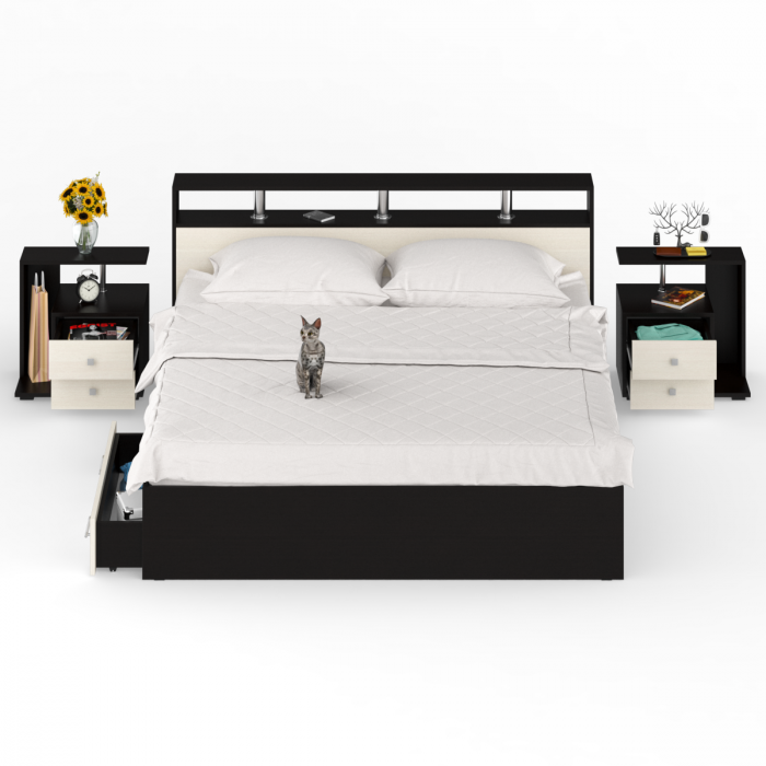 Камелия Кровать с ящиками 1800 + две тумбы, цвет венге/дуб лоредо, ШхГхВ 296х217х78,2 см., сп.м. 1800х2000 мм., без матраса, основание есть