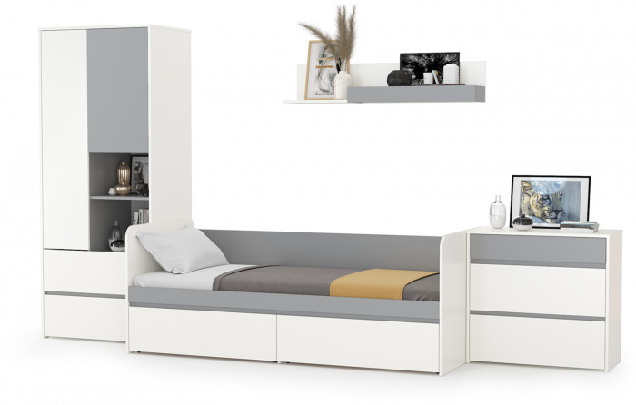 Торонто Компоновка № 19, цвет белый шагрень/стальной серый, ШхГхВ 354х84,4х195,7 см., сп. м. 800х1900 мм., б/м, основание есть, универсальная сборка