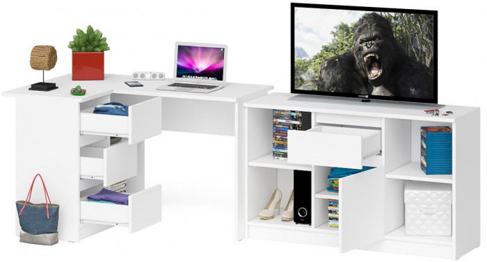 Мори компьютерный стол МС-16 левый + Тумба МТВ1204.1, белый